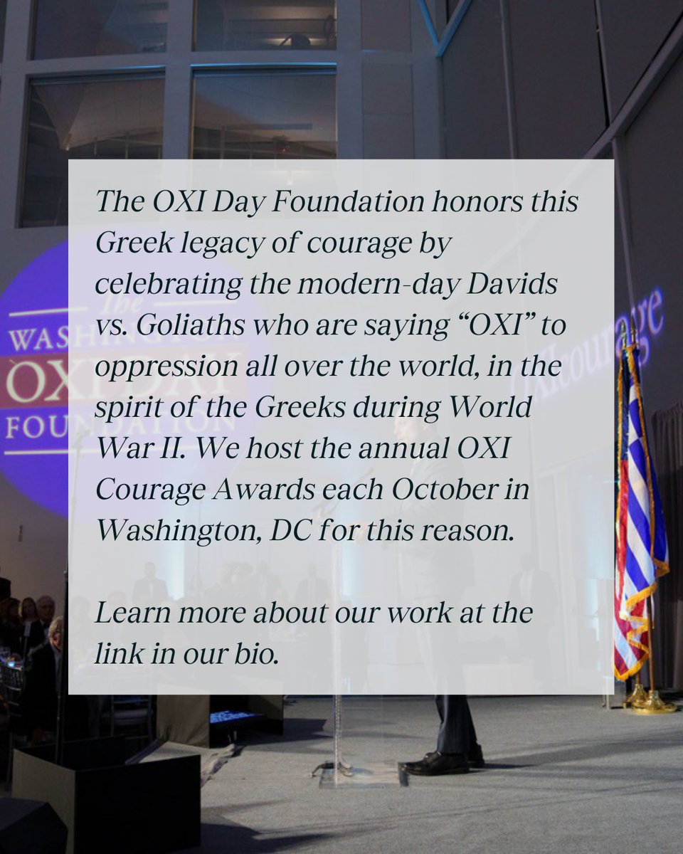 oxidayfndation's tweet image. The Greeks’ extraordinary courage changed the world.🌎
We tell the story of #OXIDay, when the Greeks said ‘OXI,’ or ‘No,’ to the Axis Forces invasion, and we recognize those who say ‘OXI’ to oppression today at the #OXICourageAwards.
Learn more oxidayfoundation.org/the-story-of-o…