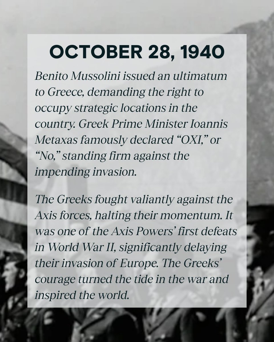 oxidayfndation's tweet image. The Greeks’ extraordinary courage changed the world.🌎
We tell the story of #OXIDay, when the Greeks said ‘OXI,’ or ‘No,’ to the Axis Forces invasion, and we recognize those who say ‘OXI’ to oppression today at the #OXICourageAwards.
Learn more oxidayfoundation.org/the-story-of-o…