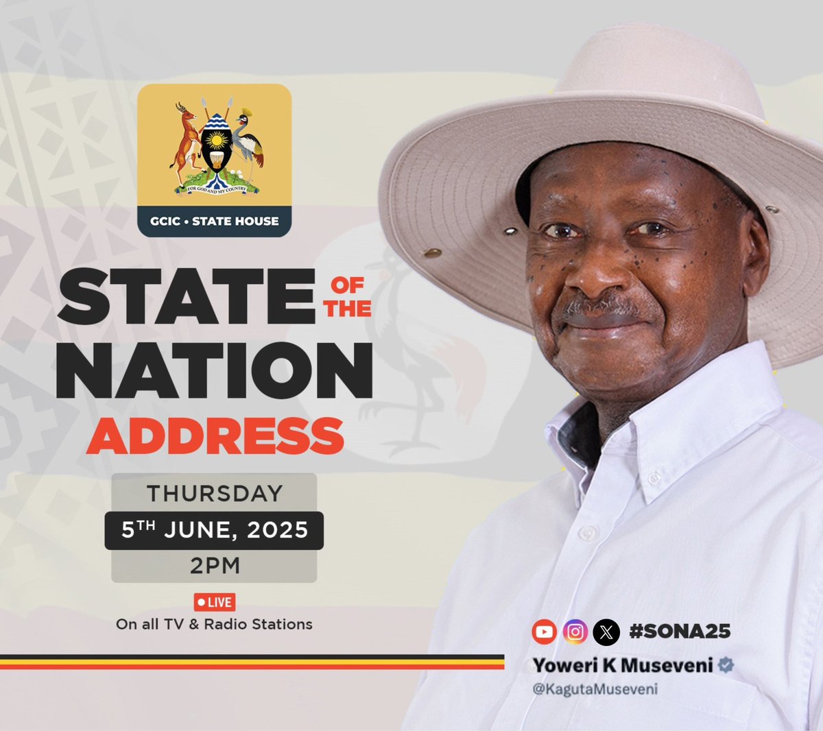 Joellah Anshemeza (@joellah_kagina) on Twitter photo Tomorrow, June 5, 2025, 2pm at Kololo Ceremonial Grounds, the President of the Republic of Uganda, H.E. Yoweri Kaguta Museveni will deliver the State of the Nation Address. #SoNA2025 #OpenGovUg <a href="/TrillUganda/">Trill~Ug🇺🇬🛠️🇨🇺🛠️🇷🇺</a> <a href="/Inah_Nandy/">Dinah Nandinda M.</a> <a href="/MerciBwetomera/">Mercie.A.Bwetomera</a> <a href="/AshilyUg/">Ashily Africa 🇺🇬</a> <a href="/akajosh1/">Joshua Akandwanaho</a> Tomorrow, June 5, 2025, 2pm at Kololo Ceremonial Grounds, the President of the Republic of Uganda, H.E. Yoweri Kaguta Museveni will deliver the State of the Nation Address. #SoNA2025 #OpenGovUg <a href="/TrillUganda/">Trill~Ug🇺🇬🛠️🇨🇺🛠️🇷🇺</a> <a href="/Inah_Nandy/">Dinah Nandinda M.</a> <a href="/MerciBwetomera/">Mercie.A.Bwetomera</a> <a href="/AshilyUg/">Ashily Africa 🇺🇬</a> <a href="/akajosh1/">Joshua Akandwanaho</a>