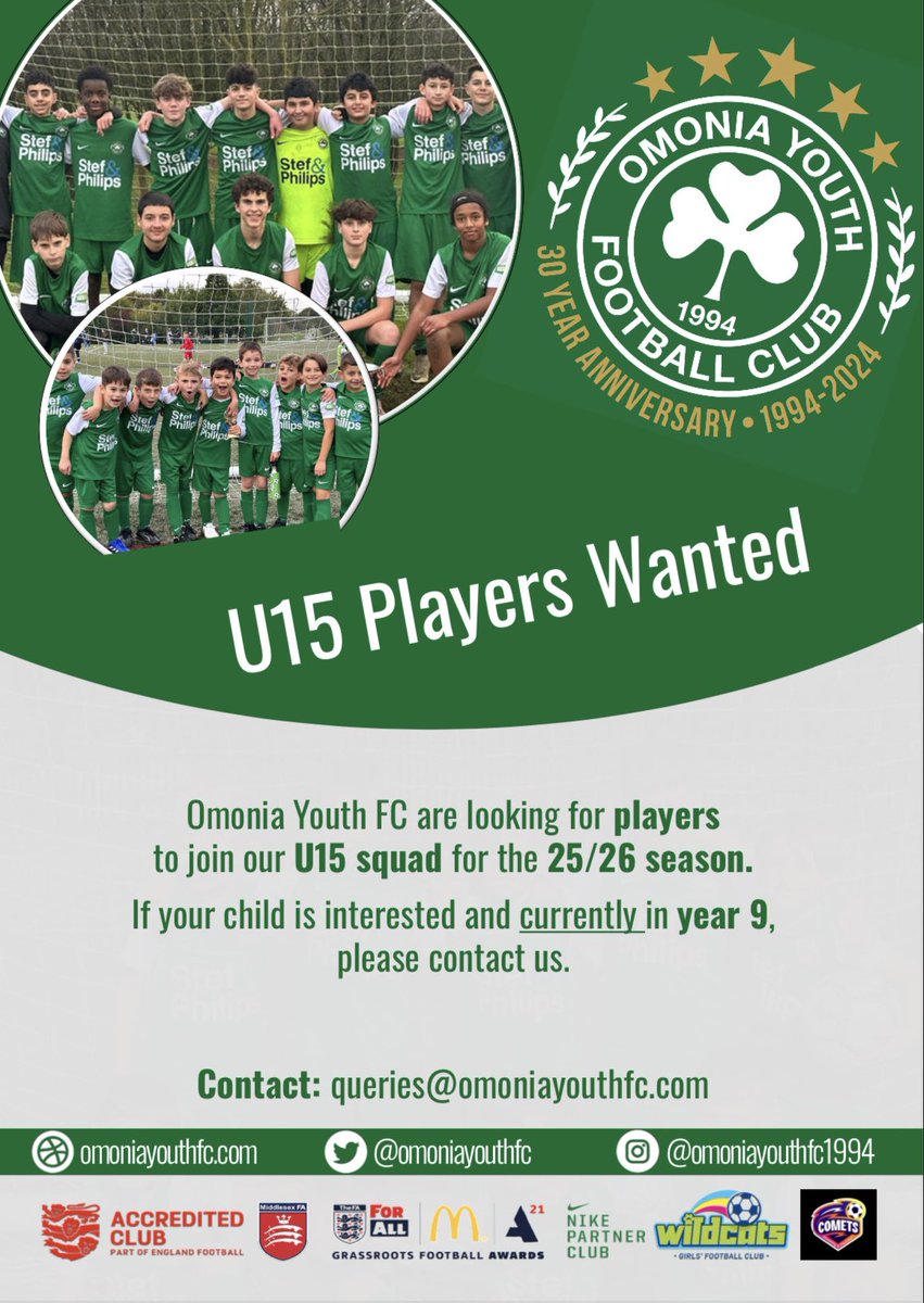 📢 U15 Players Wanted!

Omonia Youth FC are recruiting for our U15 squad for the 25/26 season.

If your child is currently in Year 9 and passionate about football, we’d love to hear from you. queries@omoniayouthfc.com

 #GrassrootsFootball #YouthFootball #NorthLondonFootball