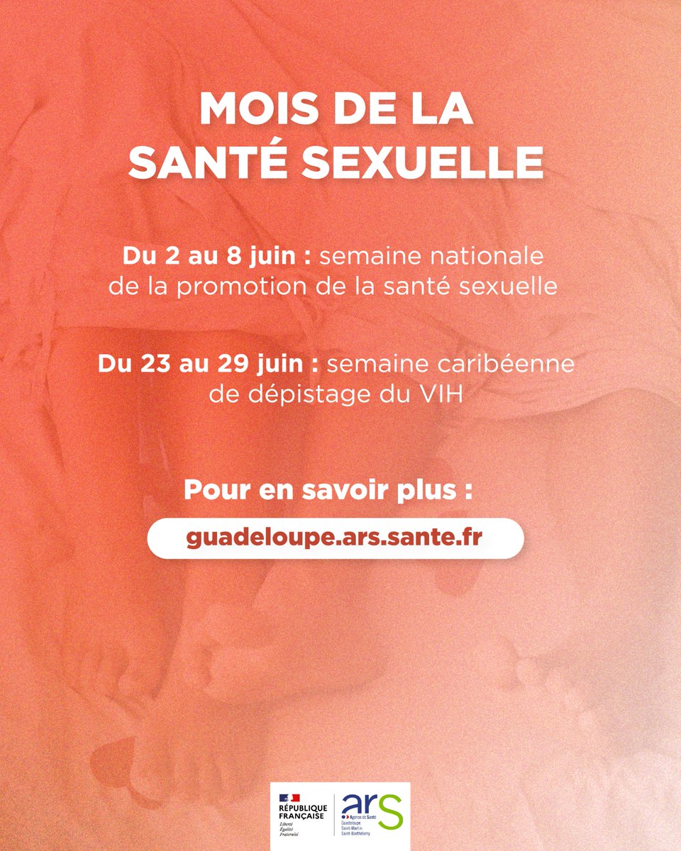#SantéSexuelle |🟠Le mois de juin est dédié à la promotion de la santé sexuelle. 

📆 Tout au long du mois, des actions de prévention sont organisées en Guadeloupe et dans les Îles du Nord : interventions de terrain, ateliers, conseils, dépistages…

➕: lnkd.in/gs3hMSak
