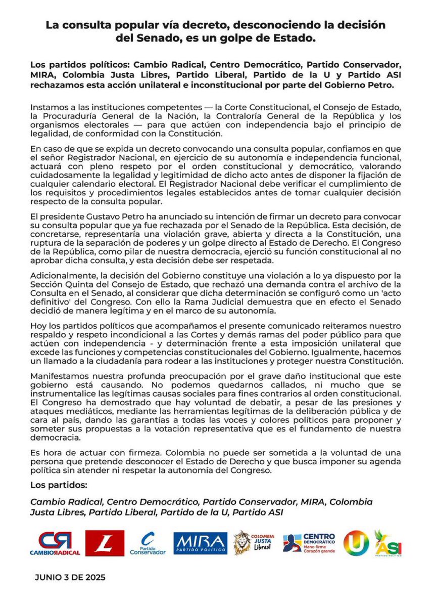 Colombia la consulta popular vía decreto es un atentado al ordenamiento institucional del país y un golpe de estado! Desde esta silla estamos listos a defender la República! 
Es la hora de estar unidos por los intereses democráticos superiores de la Patria!