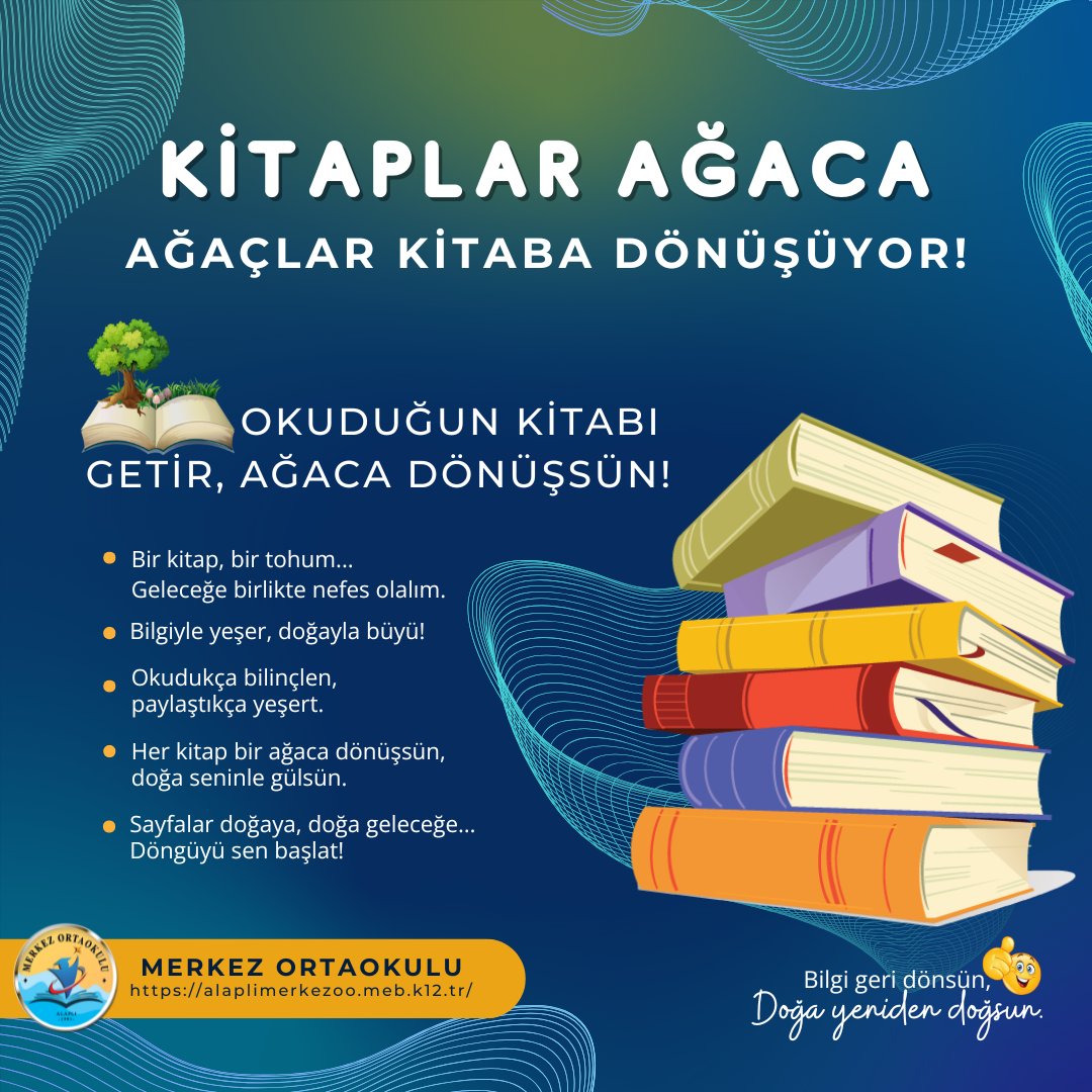 Alaplı Merkez Ortaokulu (@alaplimerkezoo) on Twitter photo Geri dönüşümle hem doğayı koruyoruz hem de bilgiye yol açıyoruz! 🌱
🧠 Eski kitaplarını getir,
🌍 Bir fidanın büyümesine katkı sağla!
Çünkü her kitap bir ağaçtan doğar,
Ve her ağaç yeni bir hikâyenin başlangıcıdır!
👉meb.ai/Ceye9k
<a href="/tcmeb/">Millî Eğitim Bakanlığı</a> <a href="/cevatcevik67/">Cevat Çevik</a> <a href="/kmehmet7819/">Mehmet Kaymakcı</a> Geri dönüşümle hem doğayı koruyoruz hem de bilgiye yol açıyoruz! 🌱
🧠 Eski kitaplarını getir,
🌍 Bir fidanın büyümesine katkı sağla!
Çünkü her kitap bir ağaçtan doğar,
Ve her ağaç yeni bir hikâyenin başlangıcıdır!
👉meb.ai/Ceye9k
<a href="/tcmeb/">Millî Eğitim Bakanlığı</a> <a href="/cevatcevik67/">Cevat Çevik</a> <a href="/kmehmet7819/">Mehmet Kaymakcı</a>