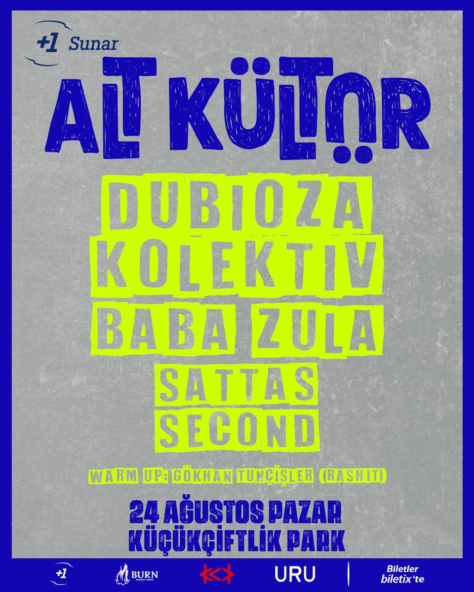📣 ÖNEMLİ BİLGİLENDİRME
15 Haziran Pazar günü gerçekleşmesi planlanan "Alt Kültür" etkinliği, program değişikliği nedeniyle 24 Ağustos Pazar tarihine ertelenmiştir. Alınan biletler yeni tarihte geçerlidir.

#KüçükÇiftlikPark #AltKültür #DubiozaKolektiv #BaBaZuLa #Second #Sattas