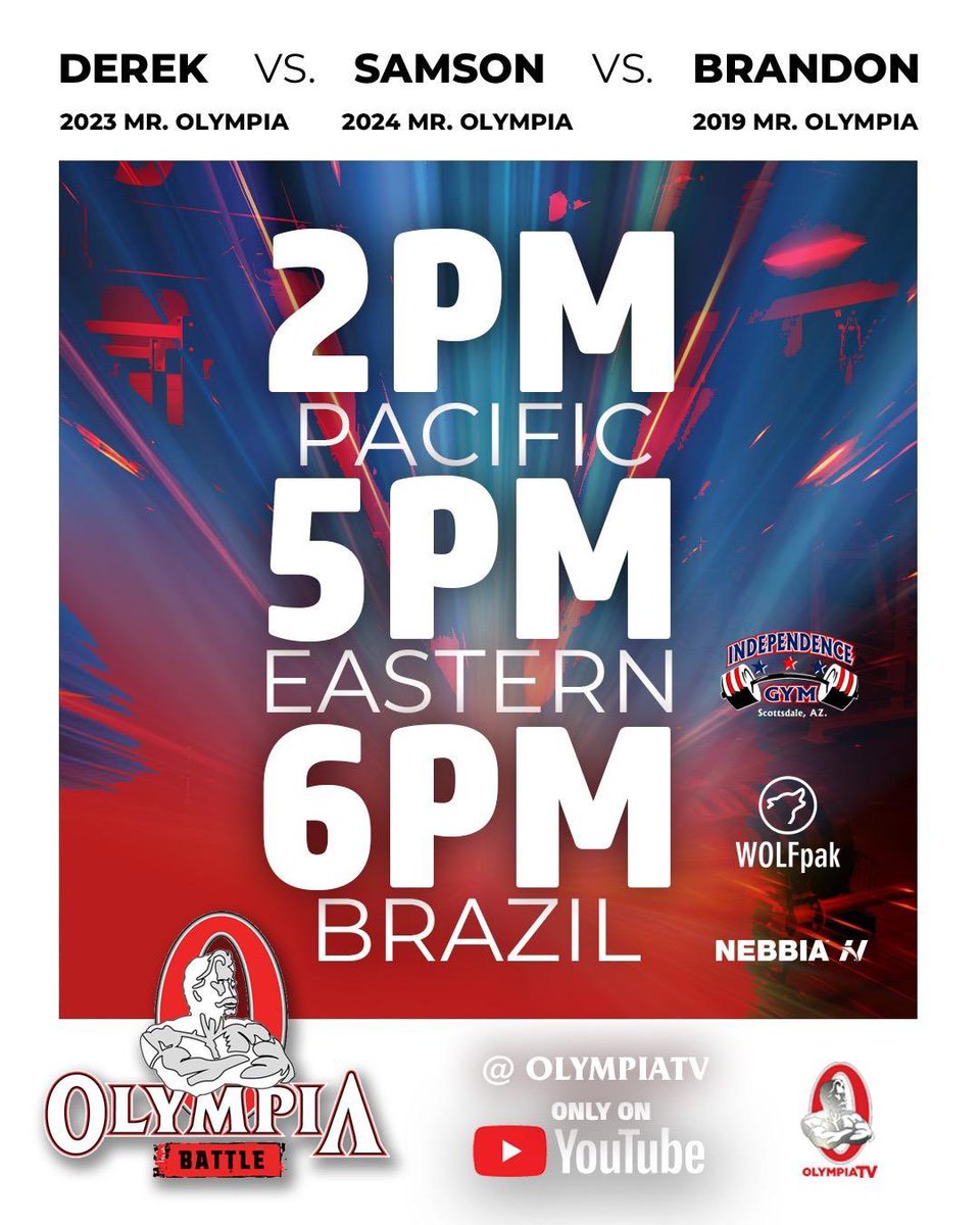 Olympia Battle is upon us with the greatest Mr Olympia gathering in one gym. 2024 Mr Olympia Samson Dauda, 2023 Mr Olympia Derek Lunsford and 2019 Mr Olympia Brandon Curry face off at Independence Gym in Scottsdale for an epic workout. This event is brought to by Wolfpak and