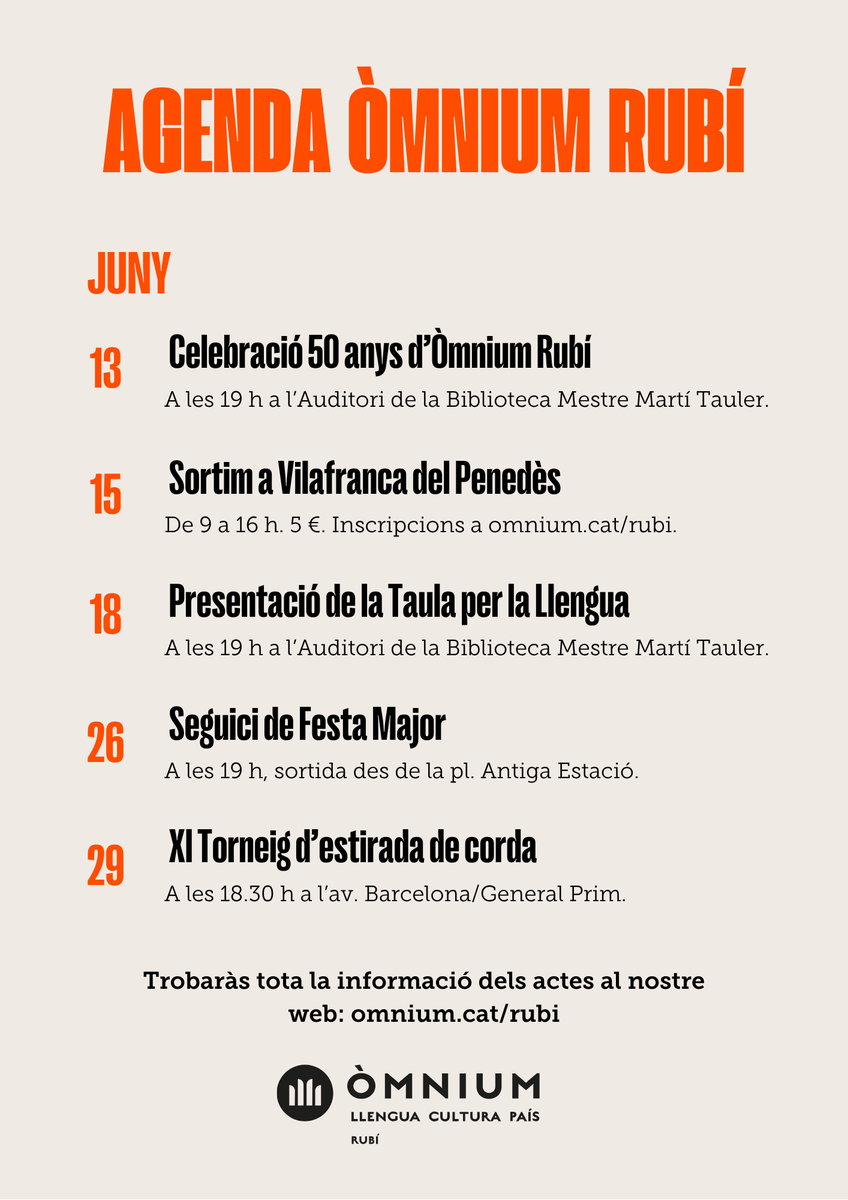 📆 Tenim un mes de juny farcit d'activitats! 
Celebrem els 50 anys, Sortim amb els aprenents de català a Vilafranca, col·laborem amb la presentació de la Taula per la Llengua i serem presents també a la Festa Major participant del seguici i amb el torneig d'estirada de corda!