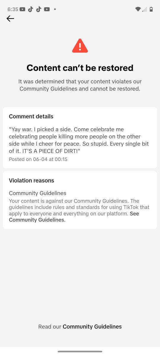 Dargeton87's tweet photo. On TikTok you can post about your pro war flags getting destroyed, comment about threatening violence against the people who did it, try to dox them, but you can't comment about the absurdity of picking a side in any war with sarcasm. Got it. They sure are a pro peace bunch. 🤡🌎 https://t.co/Zpsdz8kVVS