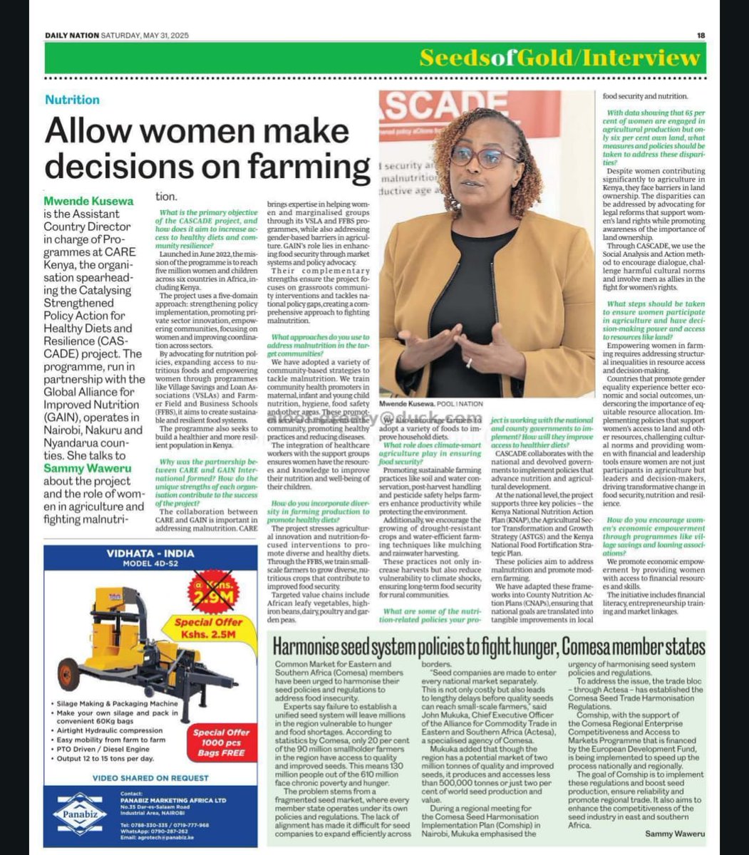 Women belong at the decision-making table in agriculture. Catch our ACD-Programs Mwende Kusewa in @dailynation’s Seeds of Gold as she shares how #CASCADE is driving nutrition from policy to community. 
#FoodSecurity #WomenInAg #CAREKenya #NutritionAdvocacy