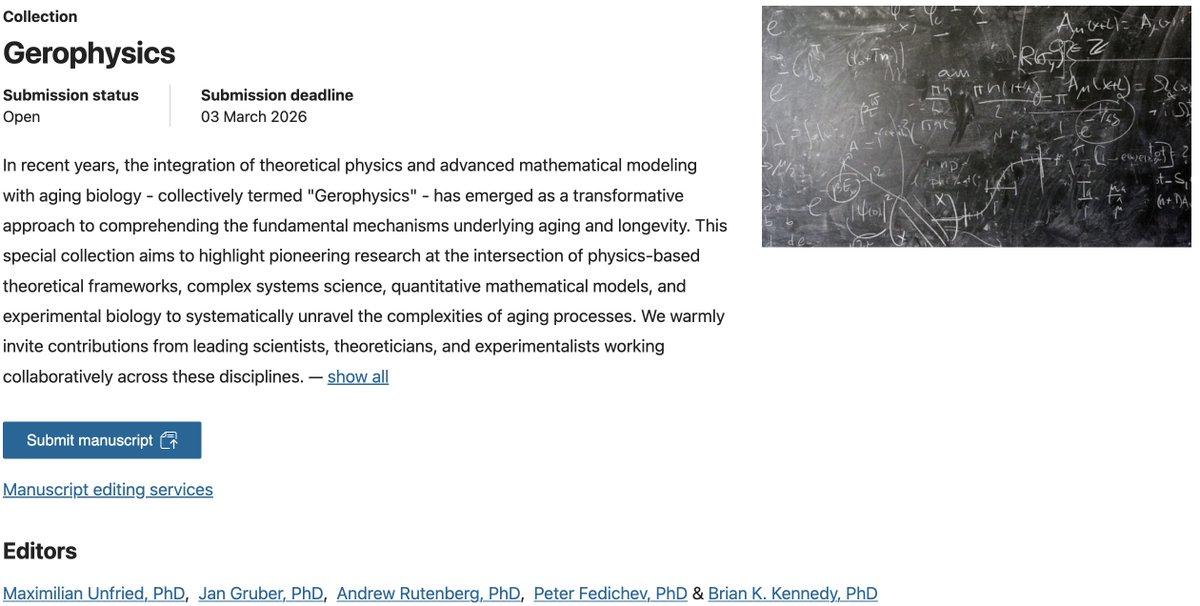 Max Unfried (@maxunfried) on Twitter photo The Physics of Aging - Gerophysics - is gaining wider interest amongst the aging biology community.
But where should articles on Gerophysics be published?
To solve this <a href="/fedichev/">Peter Fedichev</a> , <a href="/jangruber467/">Jan Gruber</a>, Andrew Rutenberg, <a href="/BKennedy_aging/">Brian Kennedy</a> and I teamed up with npj Aging on a new The Physics of Aging - Gerophysics - is gaining wider interest amongst the aging biology community.
But where should articles on Gerophysics be published?
To solve this <a href="/fedichev/">Peter Fedichev</a> , <a href="/jangruber467/">Jan Gruber</a>, Andrew Rutenberg, <a href="/BKennedy_aging/">Brian Kennedy</a> and I teamed up with npj Aging on a new