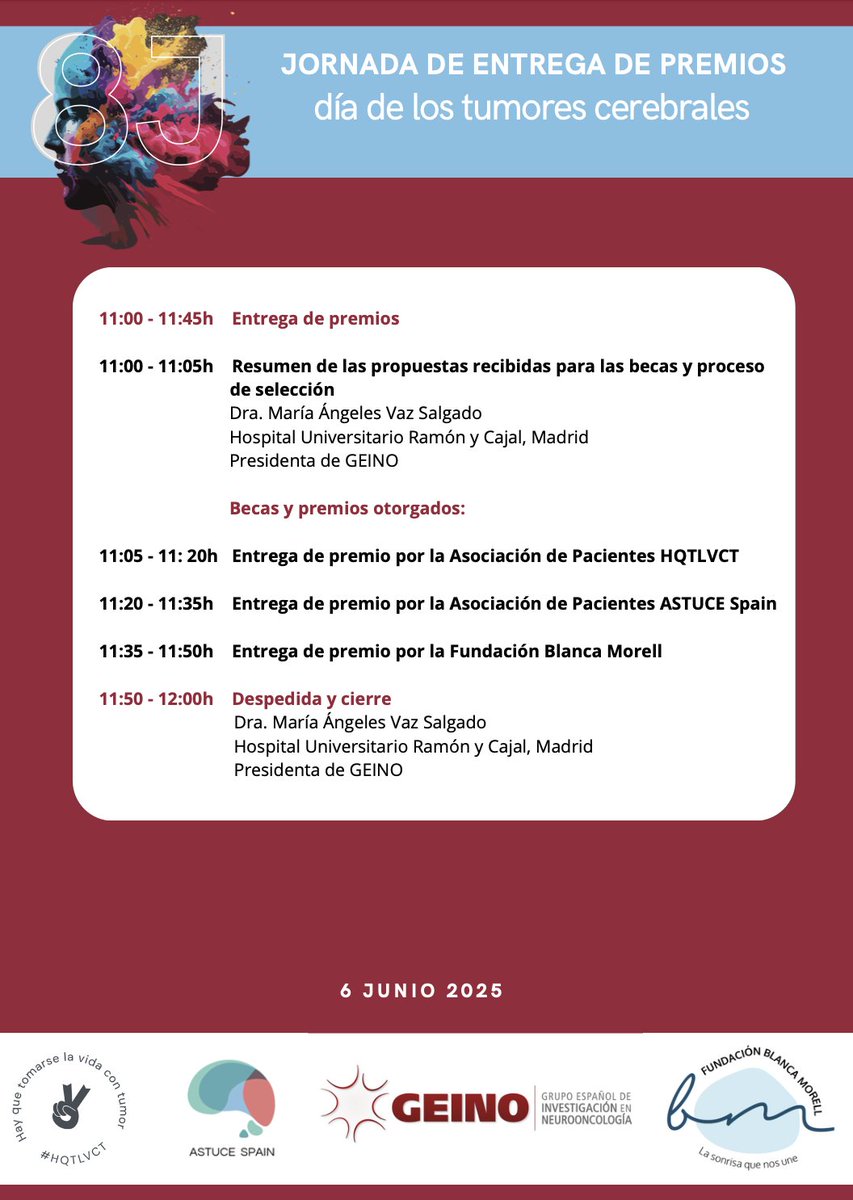 <a href="/GrupoGeino/">GEINO</a> hará entrega el próximo 6 de junio de las becas de investigación a proyectos que contribuirán a avanzar en el tratamiento y diagnóstico de los tumores cerebrales, junto a ASTUCE, <a href="/hqtlvct/">Hay que tomarse la vida con tumor ✌🏻</a> y <a href="/BlancaFundacion/">Fundación Blanca Morell</a>. 
Frente a los tumores cerebrales, !la ciencia no  se rinde!