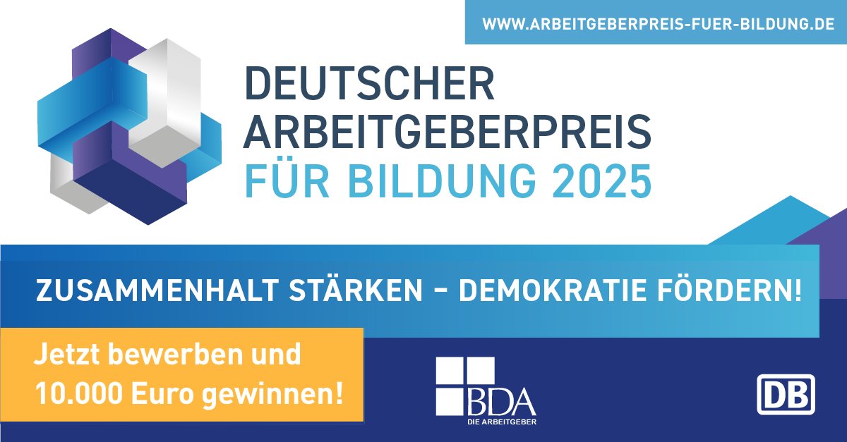 Demokratische Kompetenzen zu vermitteln ist Teil des Bildungs- und Erziehungsauftrags der #Schule. Der Arbeitgeberpreis für Bildung von <a href="/DieBDA/">BDA</a> ist 2025 ausgeschrieben mit "Zusammenhalt stärken - #Demokratie fördern". 🫱🫲 Jetzt als Schule bewerben:    die.arbeitgeber.de/arbeitgeberpre…