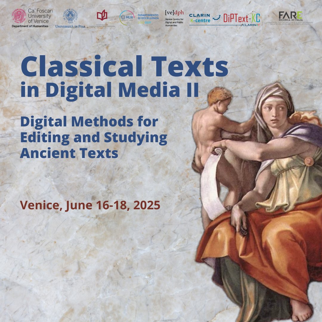 venicedph's tweet image. Join us on 16-18 Jun for a conference Classical Texts in Digital Media II - Digital Methods for Editing and Studying Ancient Texts. 🔗unive.it/data/agenda/2/…

Attendance is free (in person only) upon registration.
Please contact: vedph@unive.it