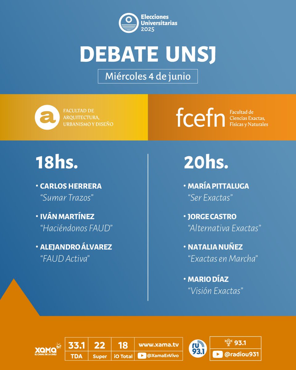 🟦 𝐄𝐥𝐞𝐜𝐜𝐢𝐨𝐧𝐞𝐬 𝐔𝐧𝐢𝐯𝐞𝐫𝐬𝐢𝐭𝐚𝐫𝐢𝐚𝐬 𝟐𝟎𝟐𝟓: 𝐃𝐞𝐛𝐚𝐭𝐞 𝐔𝐍𝐒𝐉  

#EleccionesUniversitarias #UNSJ #SanJuan #Argentina