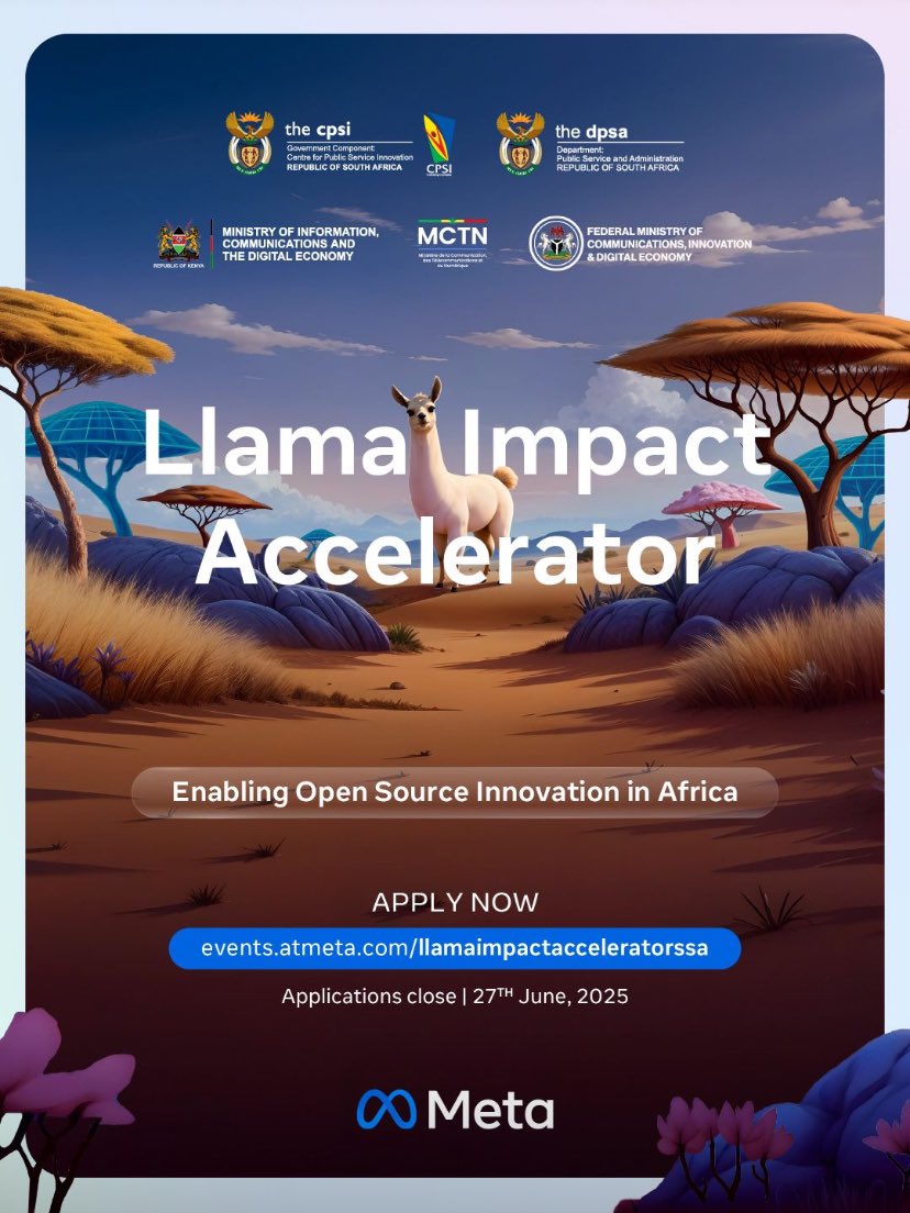 #Opportunityalert

🚀 Are you a startup building impactful solutions with Llama in Nigeria, Kenya, South Africa, &amp; Senegal?

✅ You can get Funding, Technical Training, &amp; more via the Llama Impact Accelerator Program

🔗 Apply now events.atmeta.com/llamaimpactacc…

Deadline: June 27, 2025