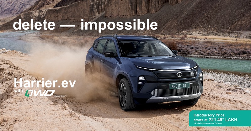 Tataev's tweet photo. India’s most capable and intelligent SUV yet — Harrier.ev!

Experience Quad Wheel Drive with dual motors, 504 Nm torque &amp; go 0–100 km/h in just 6.3s. 

 Tackle any distance with 6 Terrain Modes + Boost Mode and with a 75 kWh battery- drive 627 km+ (P1+P2) on a single charge.