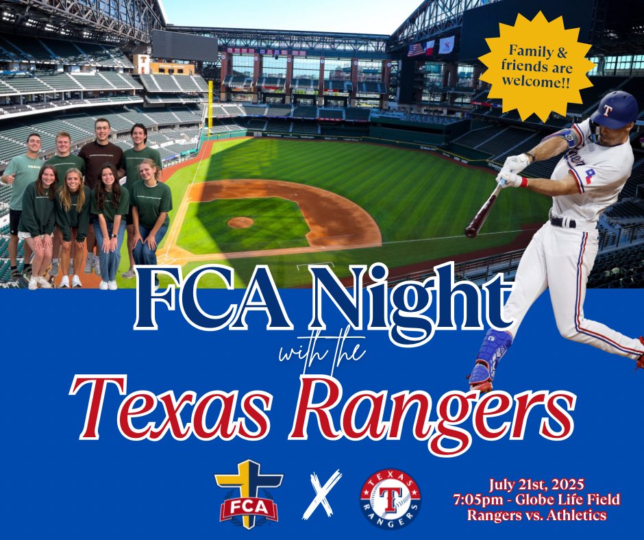 ATTN: Lovejoy Nation! 

Lovejoy FCA is working with the Texas <a href="/Rangers/">Texas Rangers</a> to create a FCA night at Globe Life Park. This year is a trial run for the 2026 season. If the event is successful, we will get to expand this event next season!! HOW COOL IS THAT!? ALL FRIENDS AND FAMILY ARE