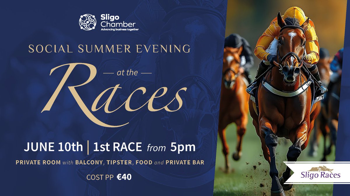 SligoChamber's tweet image. Sligo Chamber of Commerce & Industry invites you to a fun-filled evening at Sligo Races on June 10th! Enjoy a private room with your own balcony, tipster insights, delicious food, and a private bar all for €40 per person.
👉 BOOK NOW: eventbrite.com/e/social-summe…