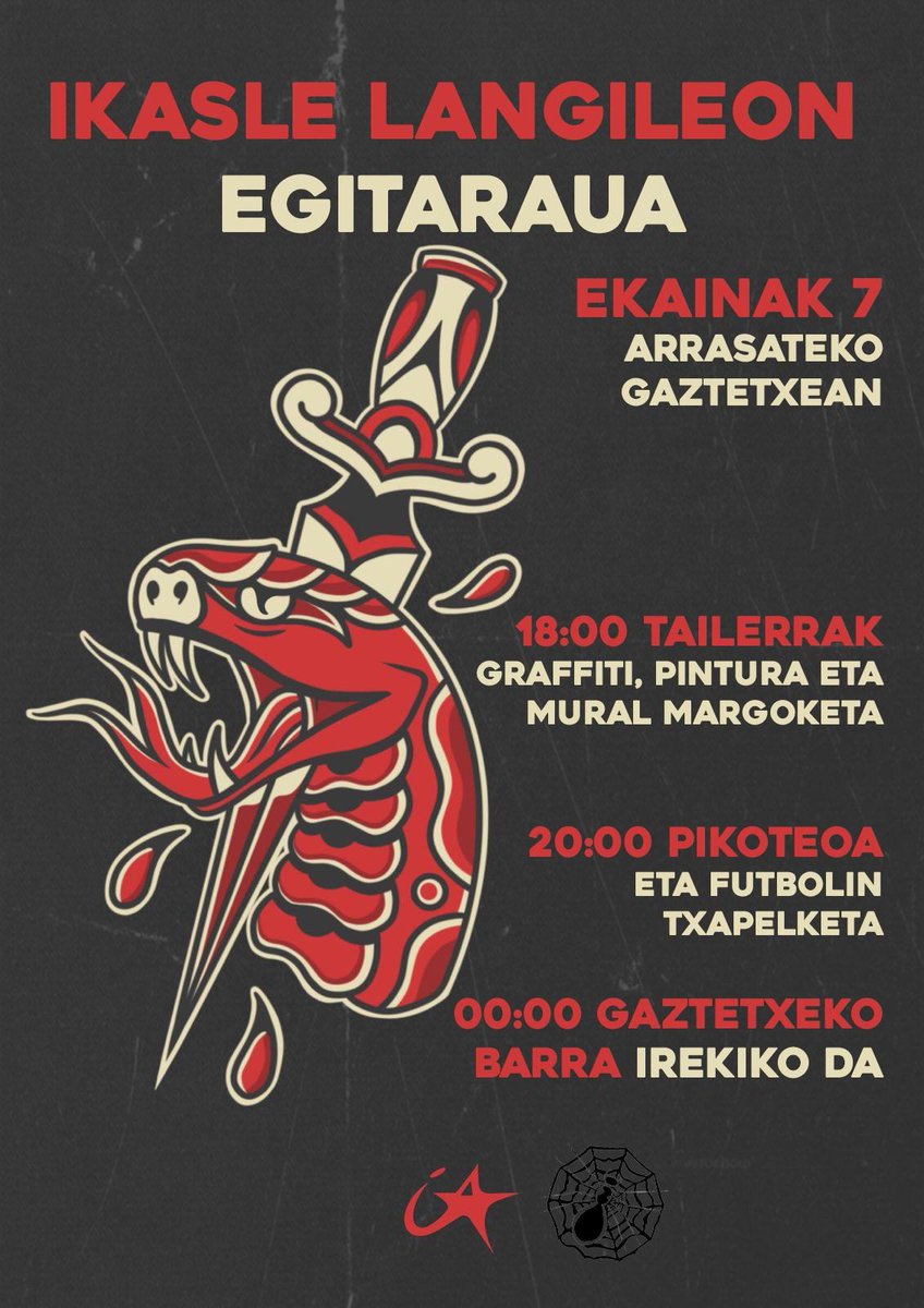 [IKASLE LANGILEON EGITARAUA]

Larunbaterako <a href="/Debagoienako_ia/">Debagoienako Ikasle Abertzaleak</a>|k egitarau zabala antolatu du. Tailerrak, Futbolin txapelketa eta gauean barra zabalik. 

Hurbildu!!