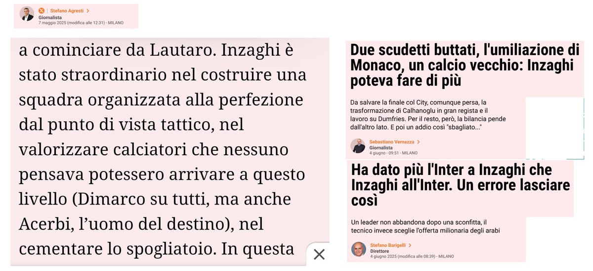 Allora scriva Direttore, contrordine:

"Ha dato più l'Inter ad Inzaghi che..."
"Due scudetti buttati, l'umiliazione, il gioco vecchio..."