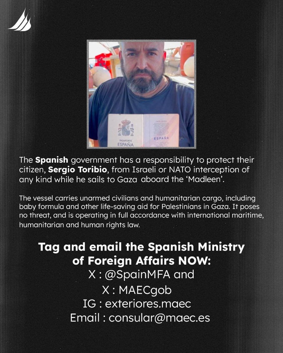 The volunteers aboard “Madleen” are delivering life-saving aid to Gaza. They are unarmed, carrying only food, medicine, and baby formula, and acting fully within international law. ⁦⁦⁦<a href="/SpainMFA/">Spain MFA</a>⁩ ⁦<a href="/MAECgob/">Ministerio de Asuntos Exteriores, UE y Cooperación</a>⁩