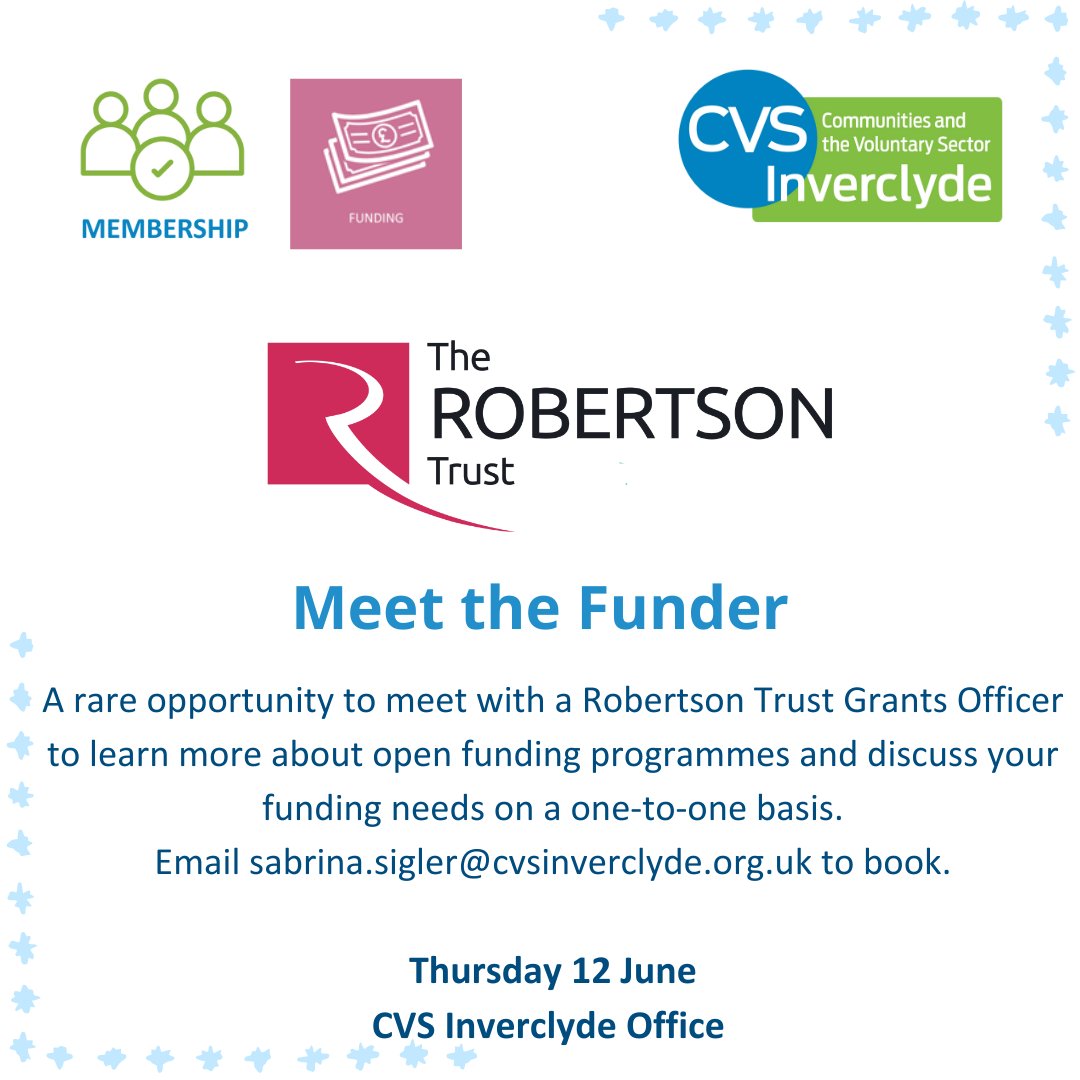 CVS Inverclyde (@cvsinverclyde) on Twitter photo We have just a few slots remaining in our The Robertson Trust Funding Session.
This is a rare opportunity to learn more about open funding programmes and discuss your funding needs on a one-to-one basis.
Email sabrina.sigler@cvsinverclyde.org.uk to book in. We have just a few slots remaining in our The Robertson Trust Funding Session.
This is a rare opportunity to learn more about open funding programmes and discuss your funding needs on a one-to-one basis.
Email sabrina.sigler@cvsinverclyde.org.uk to book in.