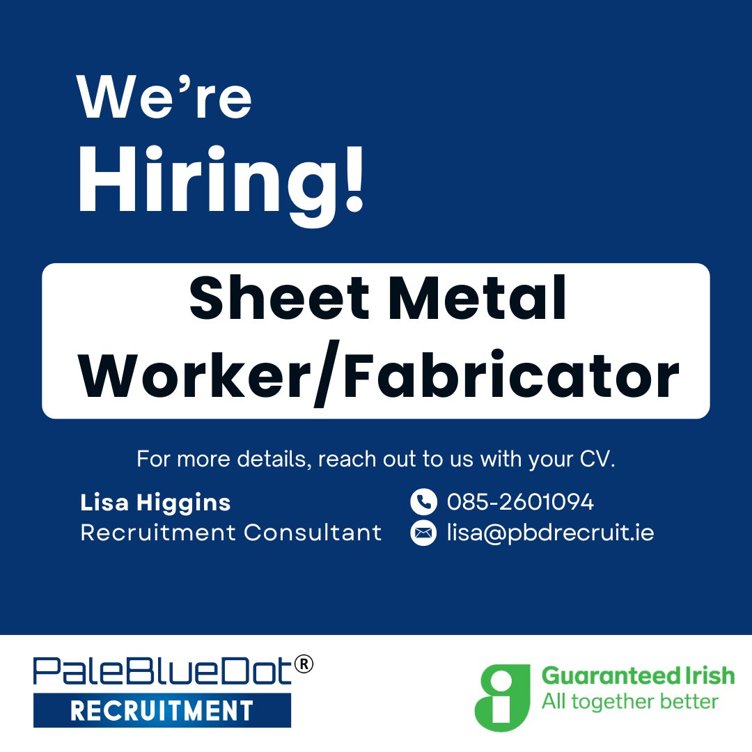 Our client, a leading manufacturer of high-quality stainless steel products in Mayo, is currently seeking a Sheet Metal Worker / Fabricator to join their team.

Contact Lisa or visit pbdrecruit.ie/explorejobs/#j…
for all the details
#PaleBlueDotRecruitment #MedTech