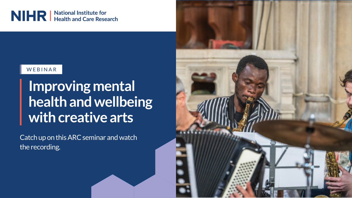 National Institute for Health and Care Research (@nihrresearch) on Twitter photo ▶️ Catch up on the first webinar of the <a href="/NIHRARCs/">NIHR Applied Research Collaborations (ARCs)</a> 2025 #ARCseminar series exploring the healing power of creative arts 💃🏾🎷 🎵
🔗 arc-yh.nihr.ac.uk/successful-nih… ▶️ Catch up on the first webinar of the <a href="/NIHRARCs/">NIHR Applied Research Collaborations (ARCs)</a> 2025 #ARCseminar series exploring the healing power of creative arts 💃🏾🎷 🎵
🔗 arc-yh.nihr.ac.uk/successful-nih…
