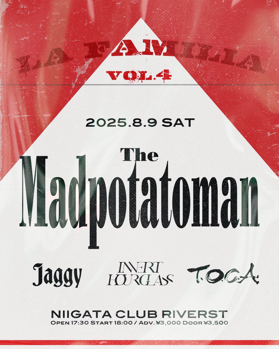 The Madpotatoman (@themadpotatoman) on Twitter photo 【 ℹ︎nformation 】
2025.8.9(sat)
<a href="/CLUB_RIVERST/">CLUB RIVERST</a>
The Madpotatoman pre.
"La Familia vol.4"
The Madpotatoman
Jaggy
Invert Hourglass
T.O.C.A(秋田)
...and more
Open 17:30 Start 18:00
Adv. ¥3,000
🎫のご予約はmailto:themadpotatoman2013@gmail.com or DMまで
ご来場お待ちしてます🔥 【 ℹ︎nformation 】
2025.8.9(sat)
<a href="/CLUB_RIVERST/">CLUB RIVERST</a>
The Madpotatoman pre.
"La Familia vol.4"
The Madpotatoman
Jaggy
Invert Hourglass
T.O.C.A(秋田)
...and more
Open 17:30 Start 18:00
Adv. ¥3,000
🎫のご予約はmailto:themadpotatoman2013@gmail.com or DMまで
ご来場お待ちしてます🔥