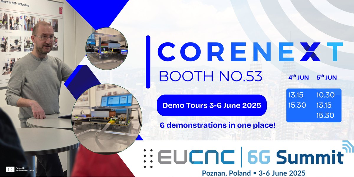 COREnext (@corenext_eu) on Twitter photo Join us at Booth 53 at <a href="/EuCNC/">2025 EuCNC & 6G Summit</a> & 6G Summit, where <a href="/COREnext_EU/">COREnext</a> is offering guided tours through six live demonstrations showcasing our approach to future connectivity and system integration. The first one starts at 13.15 🕐
Each demo highlights a different aspect of the project’s Join us at Booth 53 at <a href="/EuCNC/">2025 EuCNC & 6G Summit</a> & 6G Summit, where <a href="/COREnext_EU/">COREnext</a> is offering guided tours through six live demonstrations showcasing our approach to future connectivity and system integration. The first one starts at 13.15 🕐
Each demo highlights a different aspect of the project’s