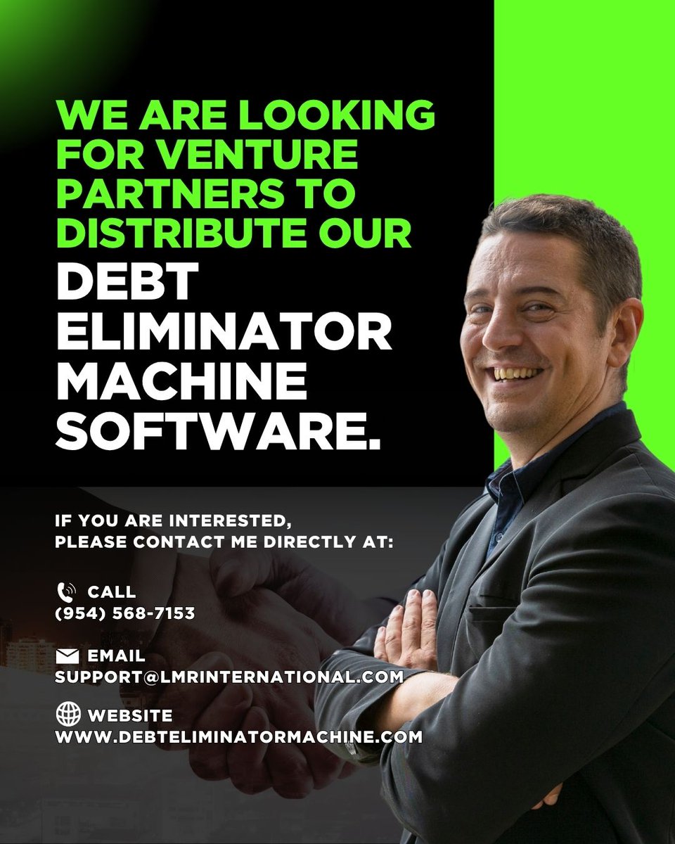 LMRINTL's tweet image. Expand Your Business Horizons! Join our team of successful venture partners distributing the Debt Eliminator Machine Software. 👉 DebtEliminatorMachine.com

#SoftwarePartners #FinancialGrowth #DebtManagement #BusinessExpansion #DebtFreeGoals... vbt.io/lmr-internatio…