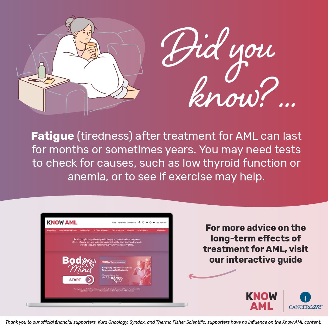 KNOW_AML's tweet image. Do you know someone who is navigating life after receiving treatment for acute myeloid leukemia? Read and share our guide for ways to cope, plus further resources: loom.ly/xFLiZZI
#KnowAML