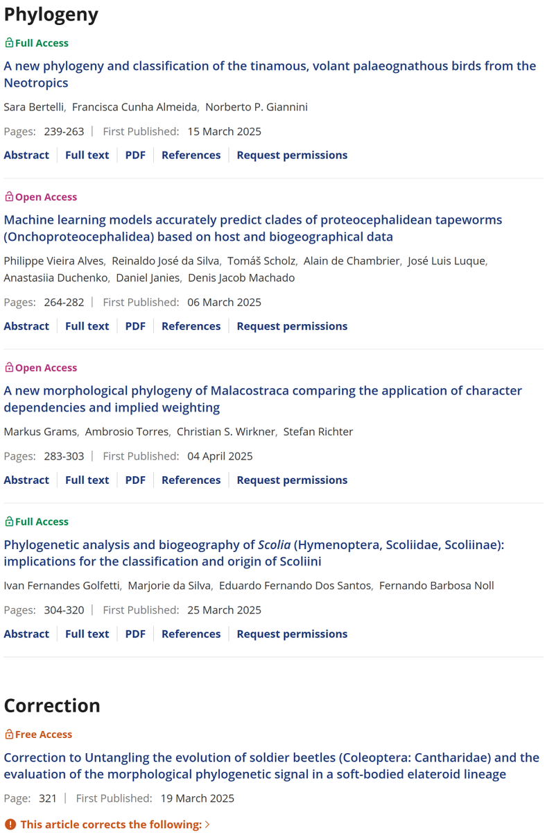 CladisticsAlert's tweet image. 🚨#NewIssueAlert of #Cladistics⚠️
Volume 41, Issue 3, June 2025

🔁Share!

onlinelibrary.wiley.com/toc/10960031/2…

#Palaeontology #Tinamous #Palaeognatha #Neotropics #Biogeography #MachineLearning #Malacostraca #ImpliedWeighting #CharacterDependencis #Morphology #Scolia #Hymenoptera #Phylogeny