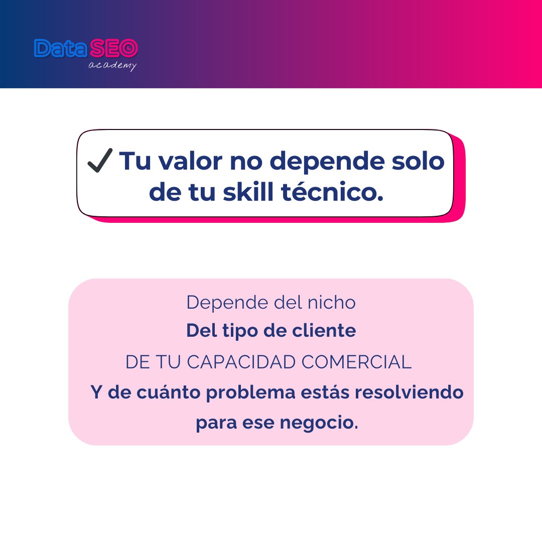 alan_preiti's tweet photo. ¿Cuánto deberías cobrar por tu trabajo como especialista en SEO y análisis de datos?

En la comunidad free de Data SEO Academy surgió este debate. Un alumno preguntó cuánto se puede cobrar por aplicar lo aprendido en auditorías y análisis de datos. La respuesta fue: depende.

Y no como excusa, sino como principio.

✅ Depende del nicho
✅ Depende del cliente
✅ De cómo vendés el servicio
✅ De si sos freelancer o in-house
✅ Depende de tu ubicación geográfica

Y sobre todo, de cómo estructurás tu propuesta de valor.

➡️ No es lo mismo entregar un Excel con números sueltos que mostrar, con datos, cómo una decisión puede hacer crecer el negocio del cliente.
➡️ No es lo mismo trabajar por proyecto que construir una relación de largo plazo, con seguimiento y mejora continua.

Un miembro lo dijo claro: "No me gusta vender solo una auditoría. Prefiero construir con el cliente y ver cómo crece con mi ayuda."

Y tiene razón. Lo importante no es sólo cuánto cobrás, sino cuánto impacto generás.

¿Querés empezar a cobrar mejor?
