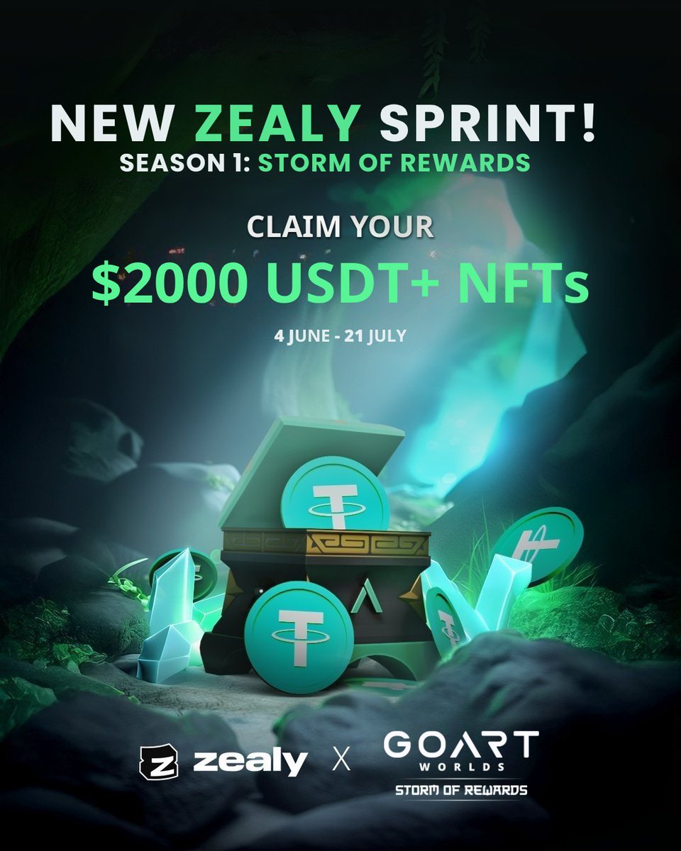 🚀 NEW ZEALY SPRINT IS LIVE!
Season 1: STORM OF REWARDS has officially begun! 🌪️

💰 GoArt Worlds is dropping 20,000 USDT in rewards this season, including GoArt Worlds in-game airdrops and more!
2,000 USDT + NFTs will go directly to the Top 250 Zealy explorers!

✅ Complete