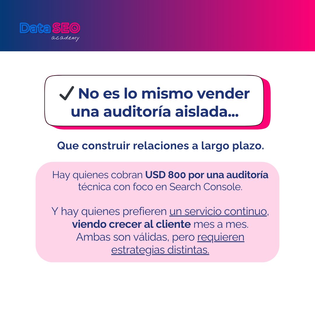 alan_preiti's tweet photo. ¿Cuánto deberías cobrar por tu trabajo como especialista en SEO y análisis de datos?

En la comunidad free de Data SEO Academy surgió este debate. Un alumno preguntó cuánto se puede cobrar por aplicar lo aprendido en auditorías y análisis de datos. La respuesta fue: depende.

Y no como excusa, sino como principio.

✅ Depende del nicho
✅ Depende del cliente
✅ De cómo vendés el servicio
✅ De si sos freelancer o in-house
✅ Depende de tu ubicación geográfica

Y sobre todo, de cómo estructurás tu propuesta de valor.

➡️ No es lo mismo entregar un Excel con números sueltos que mostrar, con datos, cómo una decisión puede hacer crecer el negocio del cliente.
➡️ No es lo mismo trabajar por proyecto que construir una relación de largo plazo, con seguimiento y mejora continua.

Un miembro lo dijo claro: "No me gusta vender solo una auditoría. Prefiero construir con el cliente y ver cómo crece con mi ayuda."

Y tiene razón. Lo importante no es sólo cuánto cobrás, sino cuánto impacto generás.

¿Querés empezar a cobrar mejor?