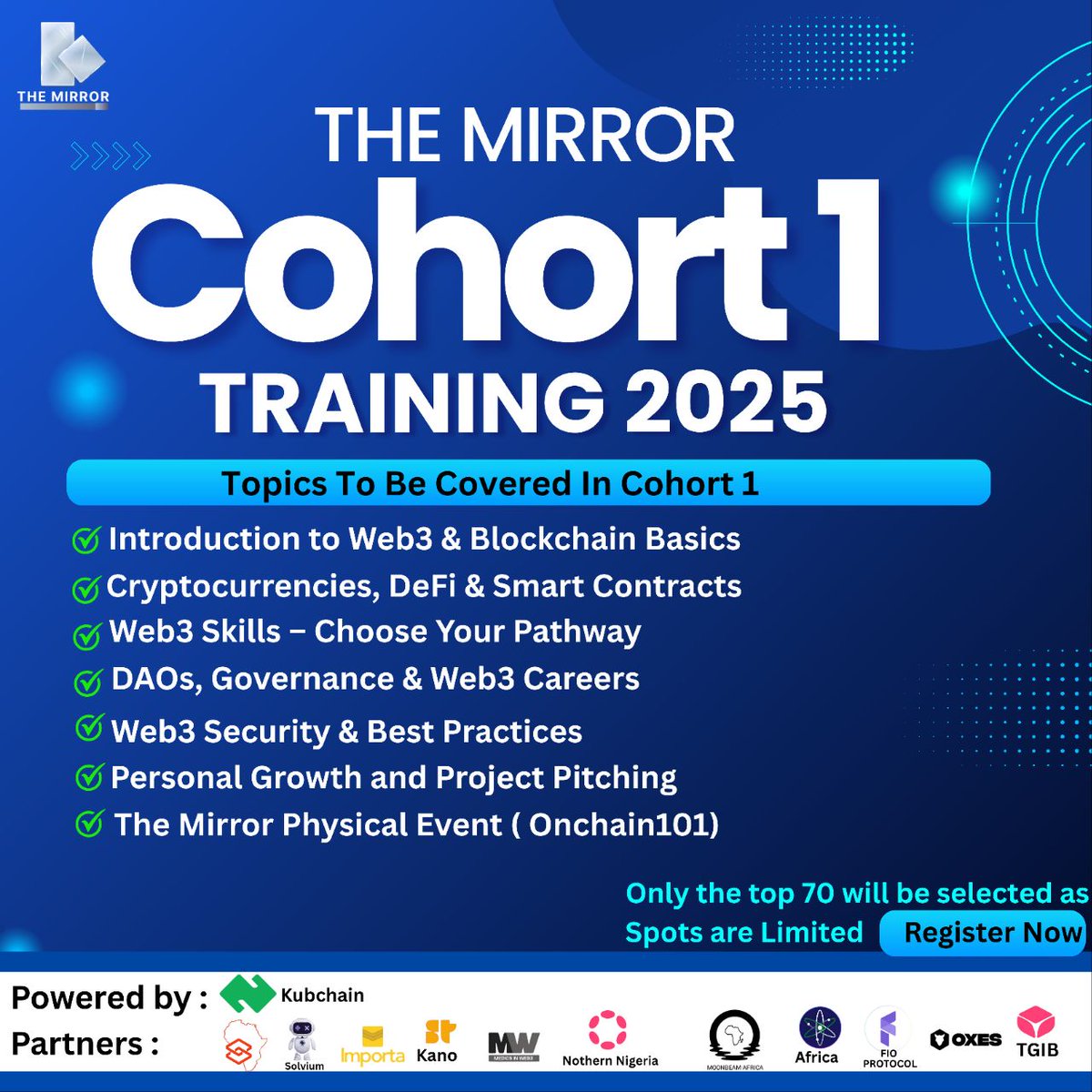 D~Mirror (@the_mirror_comm) on Twitter photo 📢 Announcing The Mirror's Web3 Cohort 1 Training!
🎓 6 Weeks of:
💡 Web3 education
🧰 Skill-building
💻 Live sessions
💰 $200+ in rewards to best students
🤝 A final IRL Meetup!
Certificate of Completion
With tutors Spanning from <a href="/Solvium_game/">Solvium Game 🧩</a> , <a href="/moonbeamafrica/">Moonbeam Network Africa</a> , 📢 Announcing The Mirror's Web3 Cohort 1 Training!
🎓 6 Weeks of:
💡 Web3 education
🧰 Skill-building
💻 Live sessions
💰 $200+ in rewards to best students
🤝 A final IRL Meetup!
Certificate of Completion
With tutors Spanning from <a href="/Solvium_game/">Solvium Game 🧩</a> , <a href="/moonbeamafrica/">Moonbeam Network Africa</a> ,