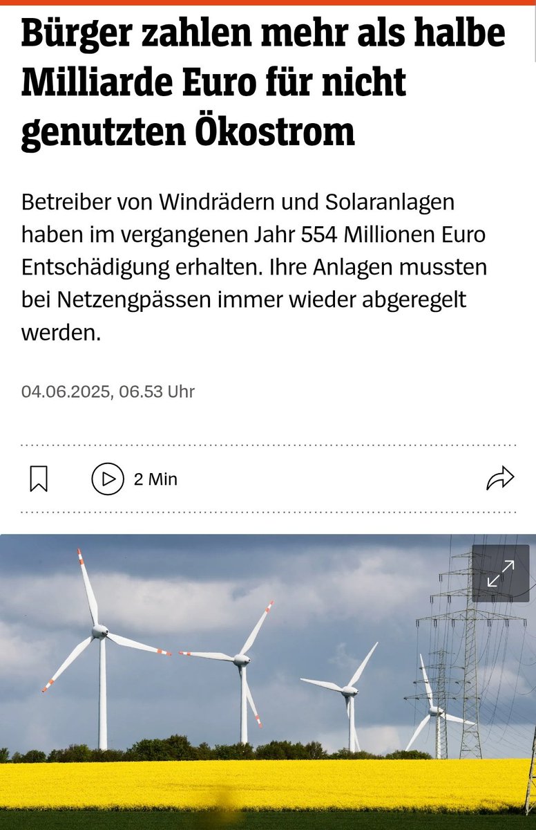 Statt in die Entwicklung von Stromspeicher zu investieren,  pflastert man in zerstörerischer Weise Windkraftanlagen in die Natur!! Es werden Milliardenbeträge an Steuergelder verschwendet, Gesundheit gefährdet und Natur zerstört 😡

spiegel.de/wirtschaft/ser…
