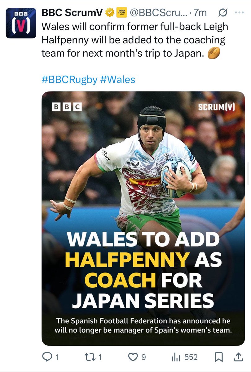 Congratulations to Leigh Halfpenny on his short-lived tenure as manager of the Spanish women’s football team.
