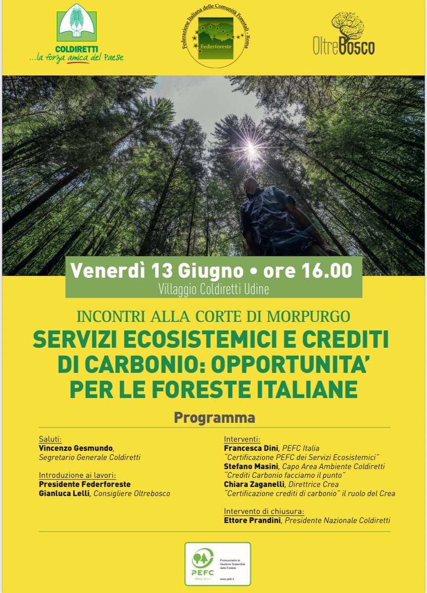 📣 Il 13 giugno alle ore 16, nell’ambito del Villaggio Coldiretti di Udine, si terrà l'evento 🌳 "Servizi ecosistemici e crediti di carbonio: opportunità per le foreste italiane" organizzato da @Coldiretti, Federforeste, Oltrebosco e #PefcItalia. Scopri il programma completo 👇