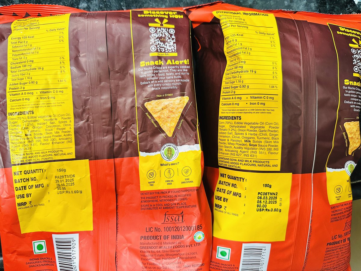aagammaniar's tweet photo. @cornitos How are same flavoured cornitos chips having different ingredients?? One we bought earlier was Jain (ie was with NO Onion &amp; No Garlic powder) whereas the new one suddenly mentions it? 

Were you scamming us earlier??? https://t.co/ag93KHK1wA