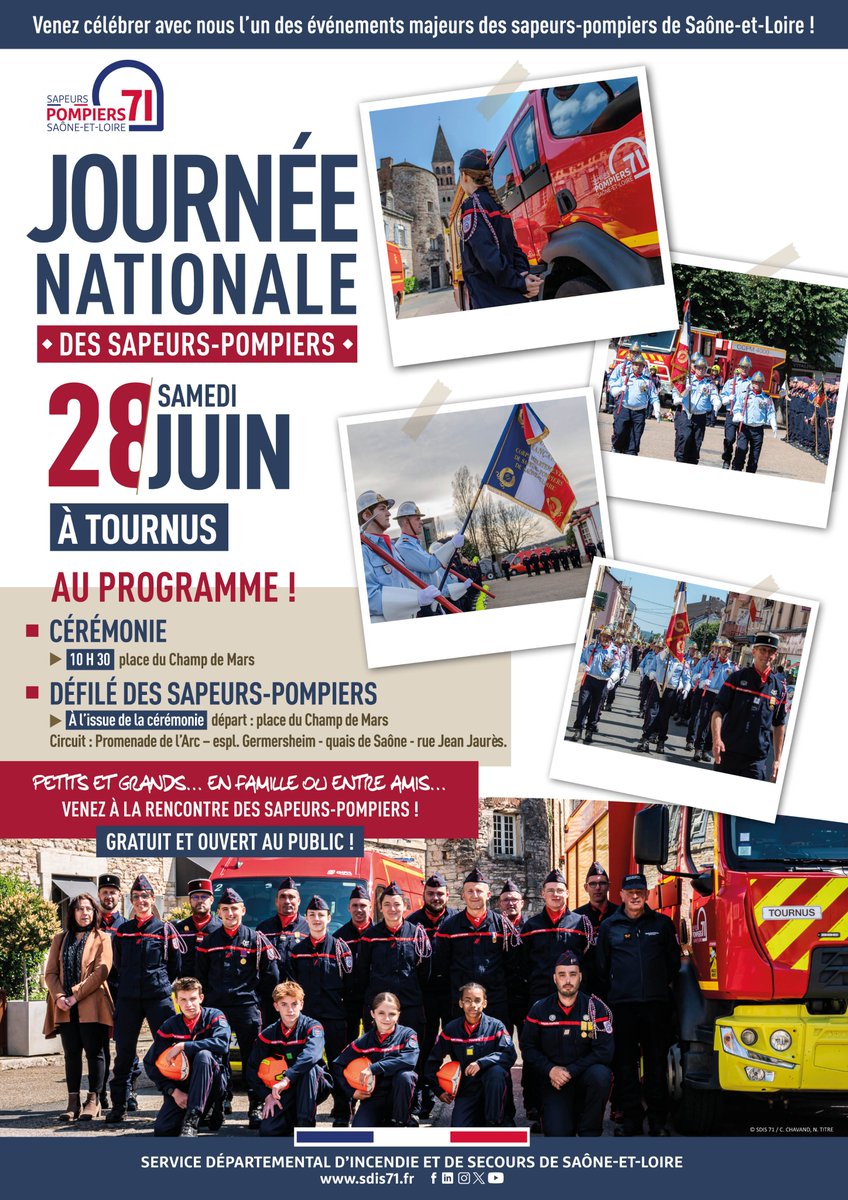 Sapeurs-pompiers de Saône-et-Loire (@sdis71) on Twitter photo #JNSP2025🚒Les sapeurs-pompiers de <a href="/saoneetloire/">Saône-et-Loire</a> vous donnent RDV 𝘀𝗮𝗺𝗲𝗱𝗶 𝟮𝟴 𝗷𝘂𝗶𝗻 𝗮̀ 𝗧𝗼𝘂𝗿𝗻𝘂𝘀 𝗽𝗼𝘂𝗿 𝗹𝗮 𝗷𝗼𝘂𝗿𝗻𝗲́𝗲 𝗻𝗮𝘁𝗶𝗼𝗻𝗮𝗹𝗲 𝗱𝗲𝘀 𝘀𝗮𝗽𝗲𝘂𝗿𝘀-𝗽𝗼𝗺𝗽𝗶𝗲𝗿𝘀 !
➡Un événement majeur pour notre corporation, à vivre en famille & entre amis. #JNSP2025🚒Les sapeurs-pompiers de <a href="/saoneetloire/">Saône-et-Loire</a> vous donnent RDV 𝘀𝗮𝗺𝗲𝗱𝗶 𝟮𝟴 𝗷𝘂𝗶𝗻 𝗮̀ 𝗧𝗼𝘂𝗿𝗻𝘂𝘀 𝗽𝗼𝘂𝗿 𝗹𝗮 𝗷𝗼𝘂𝗿𝗻𝗲́𝗲 𝗻𝗮𝘁𝗶𝗼𝗻𝗮𝗹𝗲 𝗱𝗲𝘀 𝘀𝗮𝗽𝗲𝘂𝗿𝘀-𝗽𝗼𝗺𝗽𝗶𝗲𝗿𝘀 !
➡Un événement majeur pour notre corporation, à vivre en famille & entre amis.