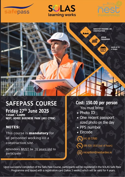 Ardee NEST (@ardeenest) on Twitter photo Our next Safepass Course takes place on Friday, 27th June. Contact us: 0416857680 / 0868261810 or reception@nestardee.ie Our next Safepass Course takes place on Friday, 27th June. Contact us: 0416857680 / 0868261810 or reception@nestardee.ie