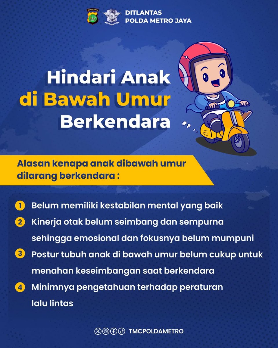 Buat yang tersayang jangan coba-coba. Jangan sampai karena alasan sayang, malah nyawa terancam melayang 😞

Imbauan kepada para orang tua, mohon untuk nggak membiarkan anak di bawah umur dan belum punya SIM untuk mengendarai sepeda motor ataupun mobil.

Sesuai UU No. 22 Tahun
