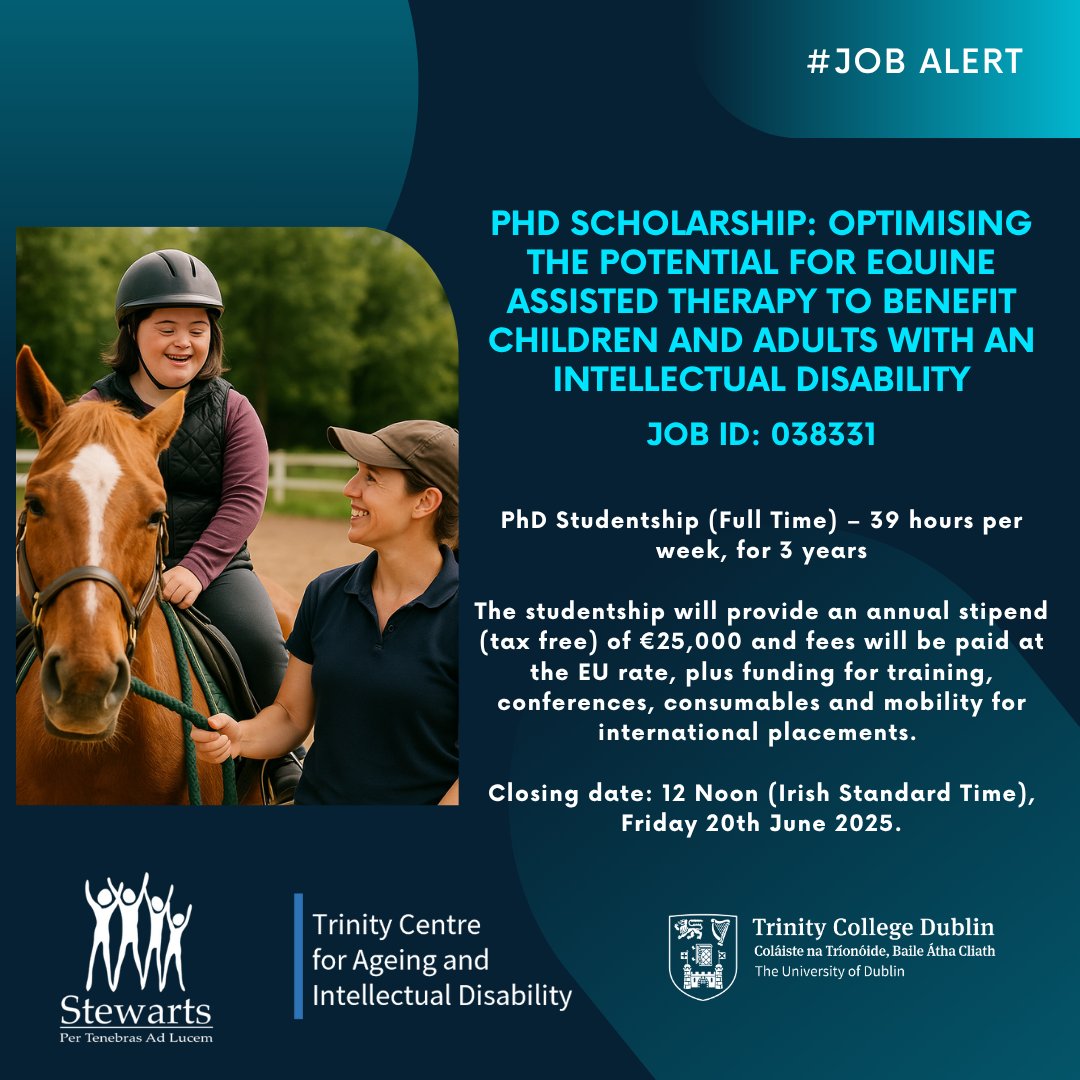 ageingwithID's tweet image. 🚨 PhD Opportunity at Trinity College Dublin!
We're thrilled to announce a fully funded PhD studentship exploring the transformative potential of Equine Assisted Therapy for children and adults with intellectual disabilities, in partnership with Stewarts Care.
This doctoral…