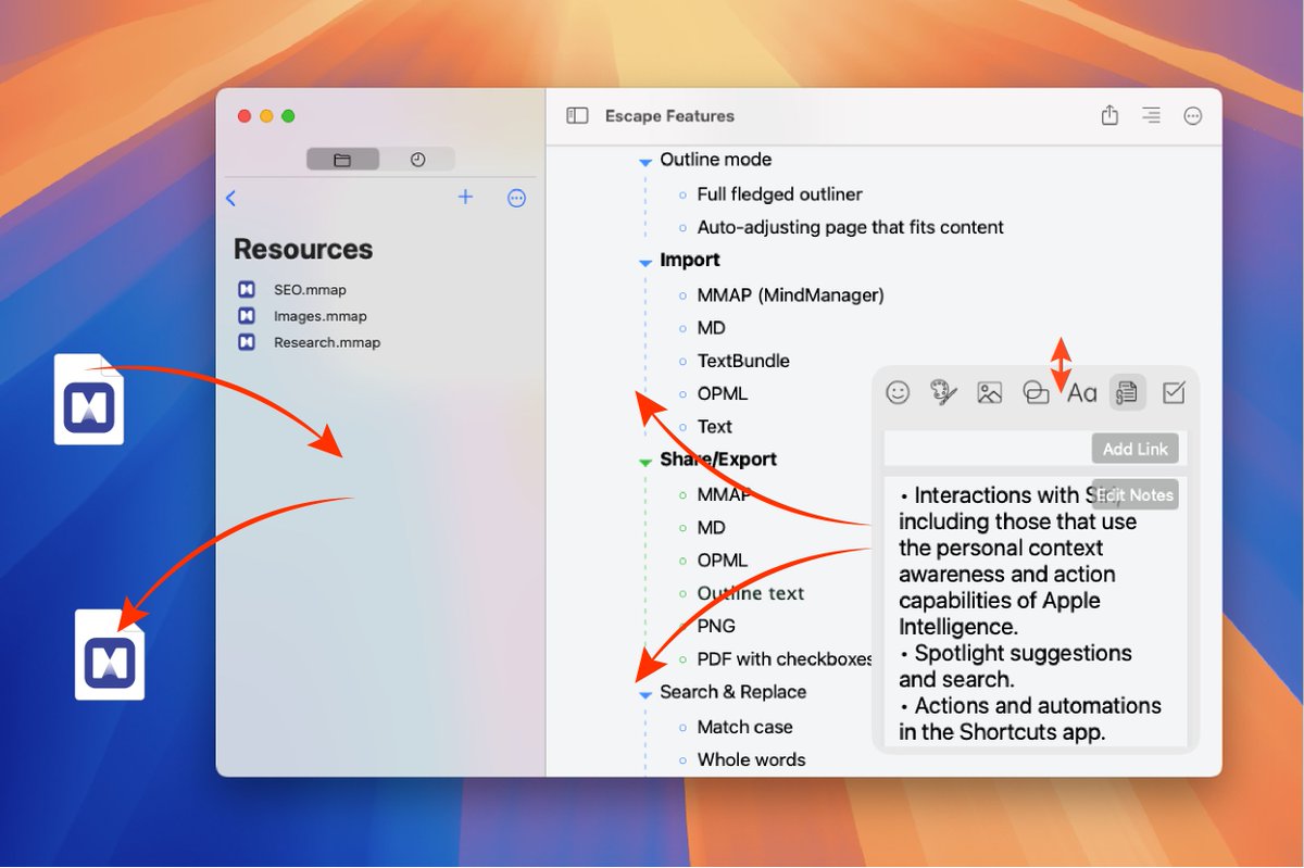 EscapeMindMap's tweet image. On macOS, you can now drag &amp;amp; drop files to and from the integrated file browser.
We’ve also improved the editor panel, it’s resizable and can be moved to any of the four corners.
Plus, you can now customize the font size in the notes editor.
