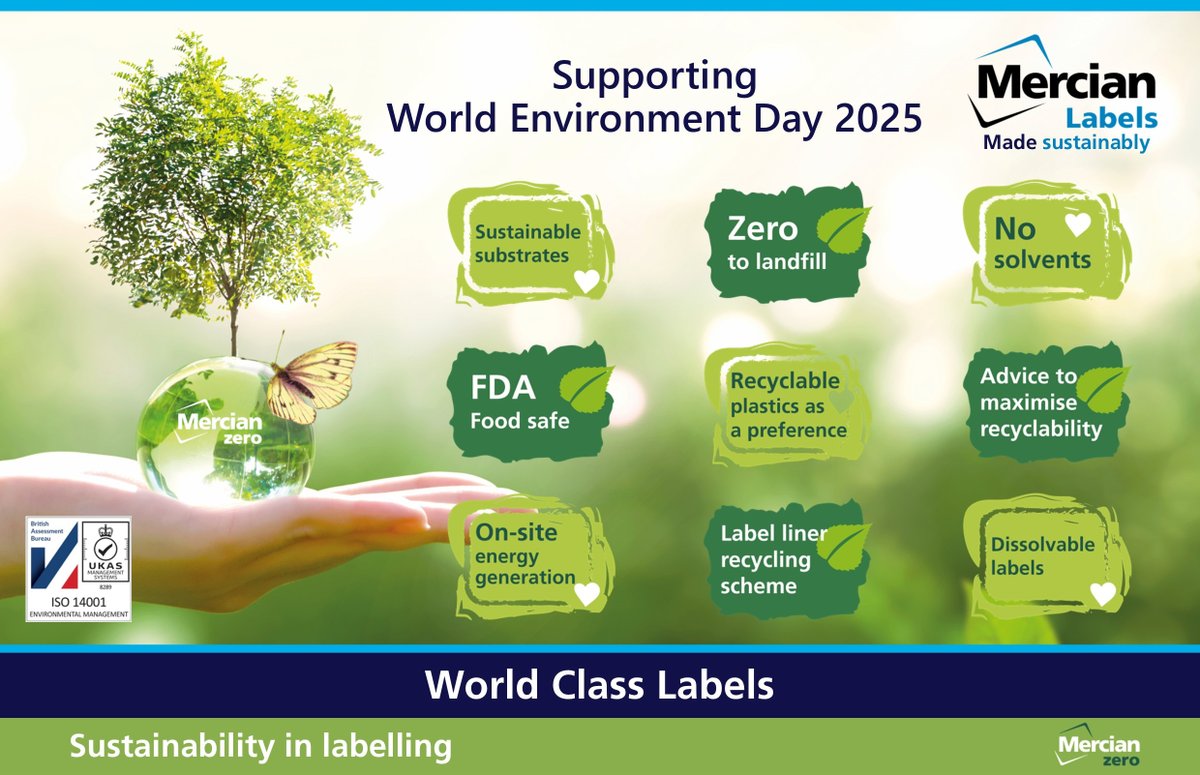 Supporting #WorldEnvironmentDay2025, focused on ending plastic pollution. One of the many aims of our ‘Mercian Zero’ approach:
♻️Recyclable plastics
🌱Sustainable substrates – incl. recovered &amp; recycled Ocean Bound Plastic
🚯Zero to landfill
🔁Label Liner Recycling scheme &amp; more