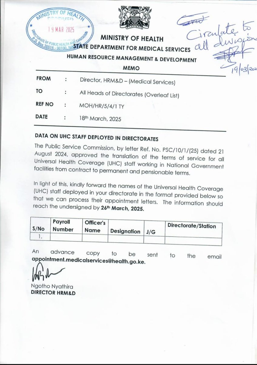 jaezm's tweet photo. @DrGithiria @fnoluga Doc, is this what you're referring to? The National facilities didn't advertise for the UHC staff in national facilities to apply &amp; be confirmed into PnP employment terms, it was a direct communication by the MoH to absorb UHC staff under ONLY national facilities https://t.co/Ge64kjG85a