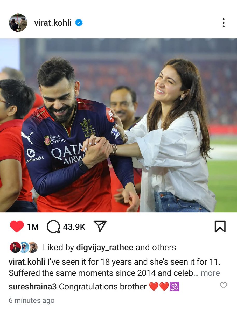 Virat Kohli new post for anushka sharma has made a new record of getting fastest 1 million likes in just 6 minutes.