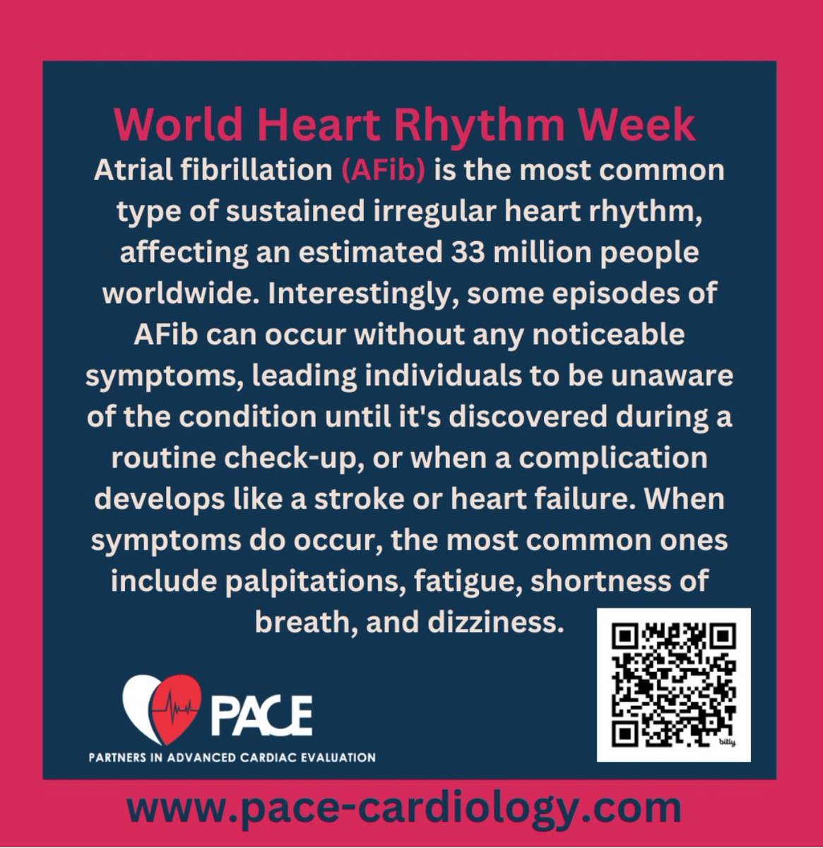 Think you have #AFib? Ask your healthcare provider for a referral to pace-cardiology.com. Don’t have a physician? See our self referral bit.ly/AFibReferral, or QR code.
#WorldHeartRhythmAwarenessWeek
#ArrhythmiaAwareness 
#atrialfibrillation 
<a href="/heartablator/">Yaariv Khaykin</a> <a href="/KnowYourPulse/">Arrhythmia Alliance</a>
