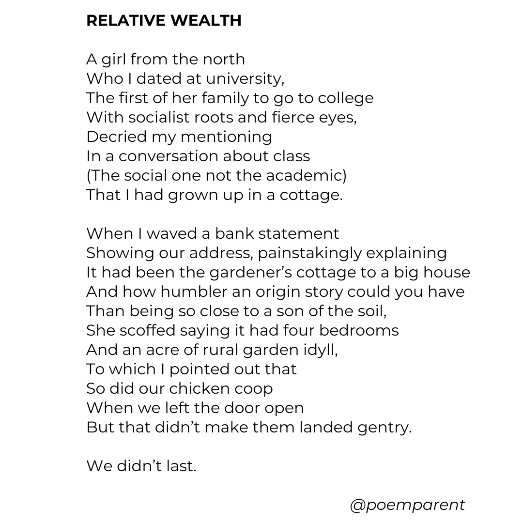 poemparent's tweet image. hat eternal and uniquely British classification remains a source of fascination particularly talking to American friends...here is a little window into how such debates play out.

#class #upperclass #middleclass #middleclasslife #workingclass  #classdivide  #poetry  #poemaday